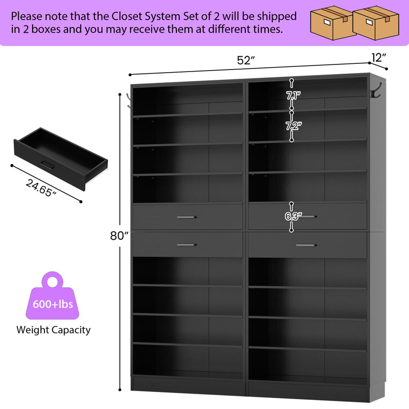 52" W Closet System With Drawers, Black