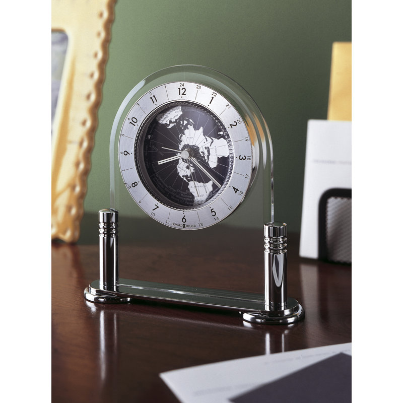World Time Glam Analogue Acrylic Quartz Movement / Crystal Tabletop Clock with Alarm in Polished Silver/Clear