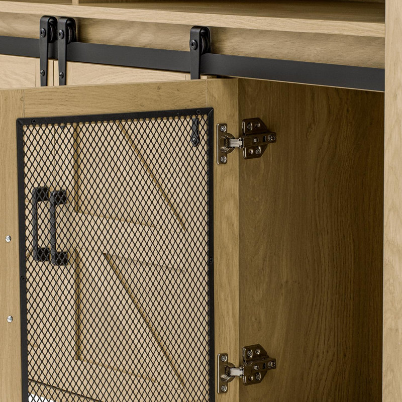 Simple And Natural Open Storage Sideboard With Farmhouse-Style Sliding Barn Door And Mesh Panel. Suitable For Living Room, Balcony, Kitchen, Office, And Hallway.