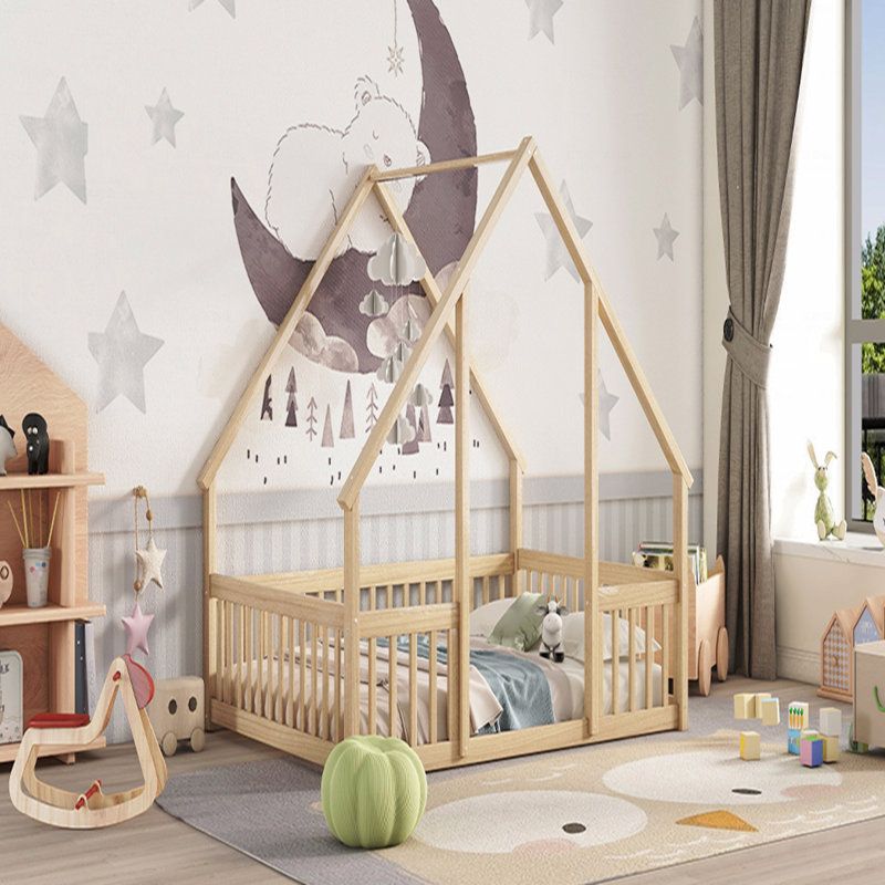 Full Wooden Frame Material House-Shaped Floor Bed Frame With Fence, Guardrails, Full, Brown