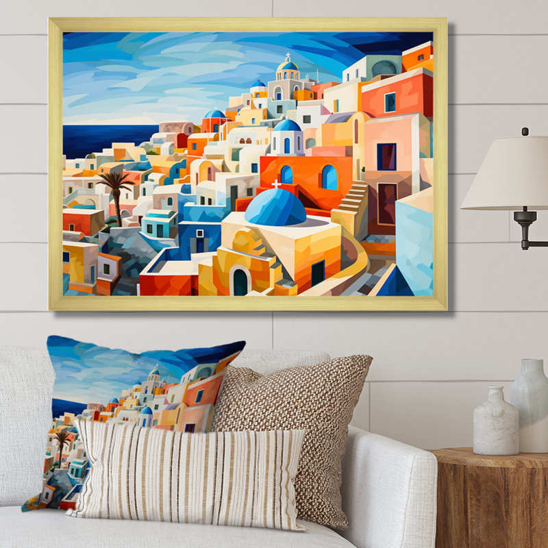 «Colorful Colorful Santorini Cityscape Popart VII», reproduction sur toile, Cadre naturel flottant