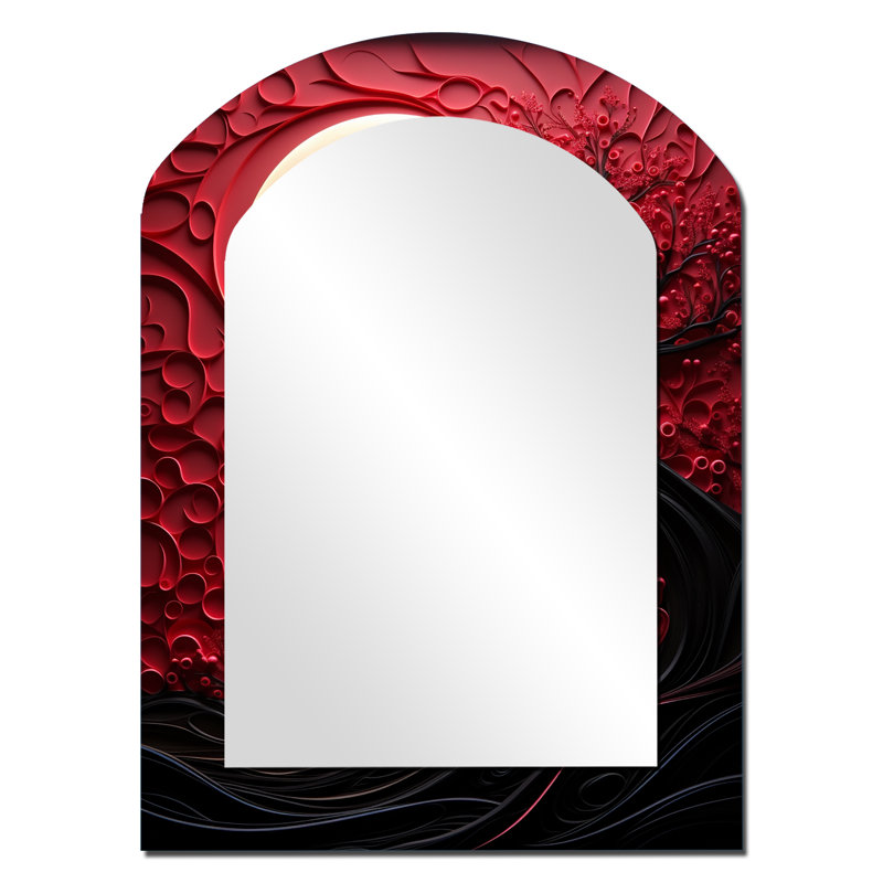 Red Moon Ruby Radiance - miroir mural décoratif asymétrique lune, miroir arqué rouge, impression sur métal, 34 po x 25 po