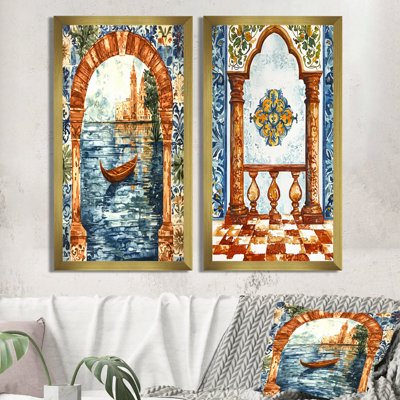 Mosaïque rétro de Venise, Italie I - art mural de paysages urbains, ensemble de 2 décorations murales de paysages industriels