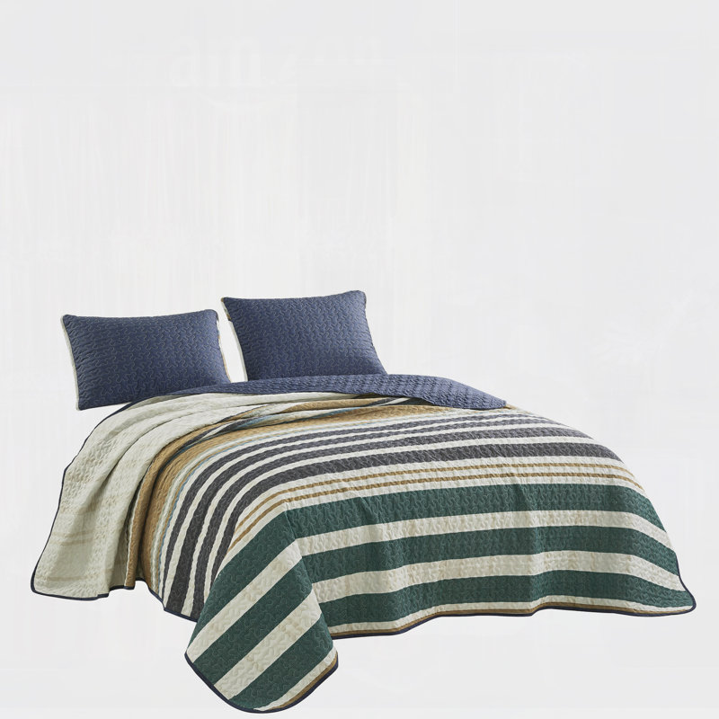 Ensemble de couvre-lit réversible en microfibre multi-rayures en polyester matelassé bleu marine 3 pièces, très grand