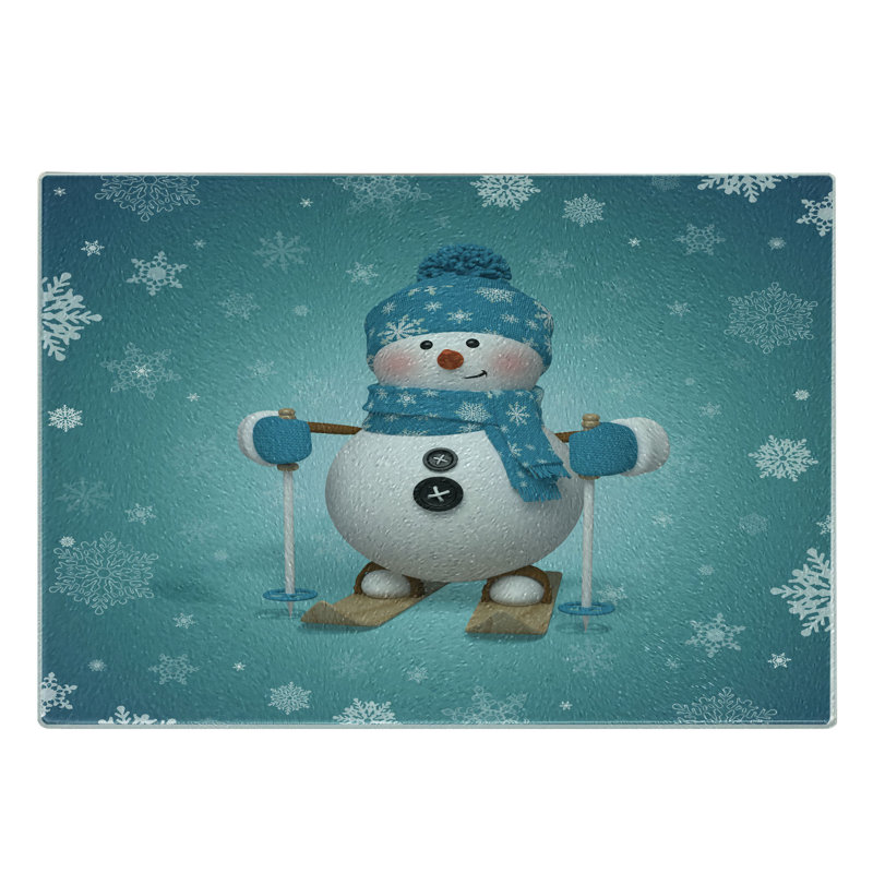 Ambesonne Snowman Tempered Glass Cutting Board Skiing Snowflakes Fun Pale Brown Turquoise
