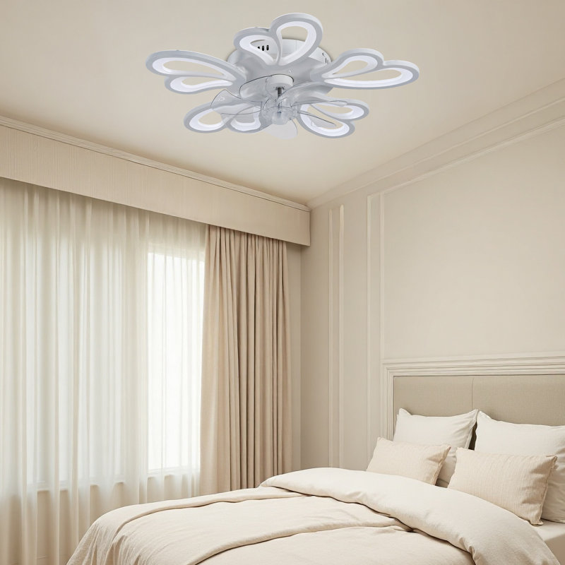 Ventilateur de plafond décoratif moderne en forme de pétale 22 po à DEL avec gradation continue, télécommande et moteur réversible pour chambre à coucher, salon ou appartement contemporain