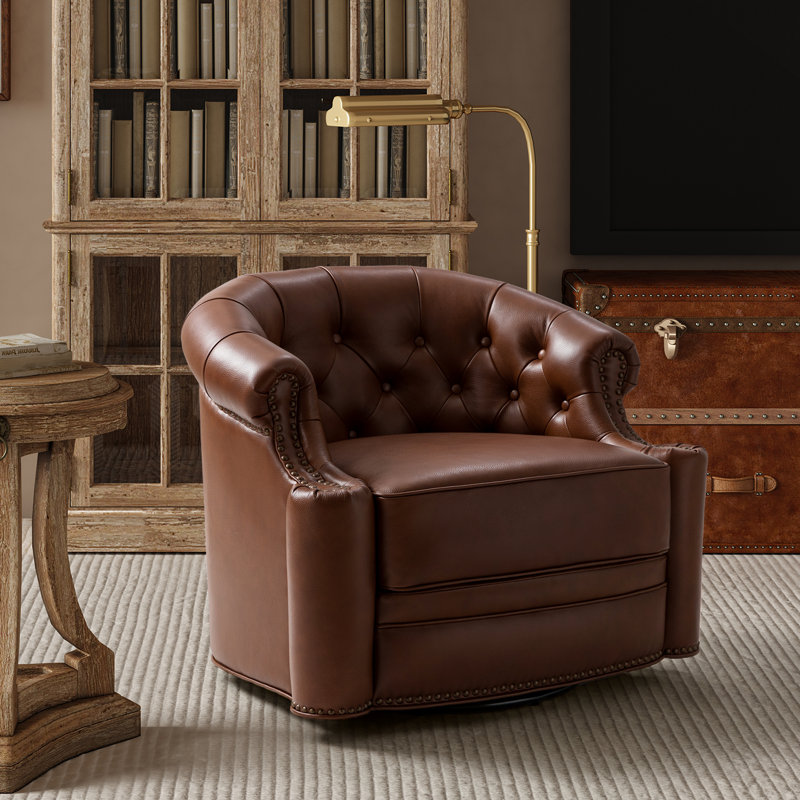 Toiya 31.5" Wide Genuine Leather Swivel Chair, Brown