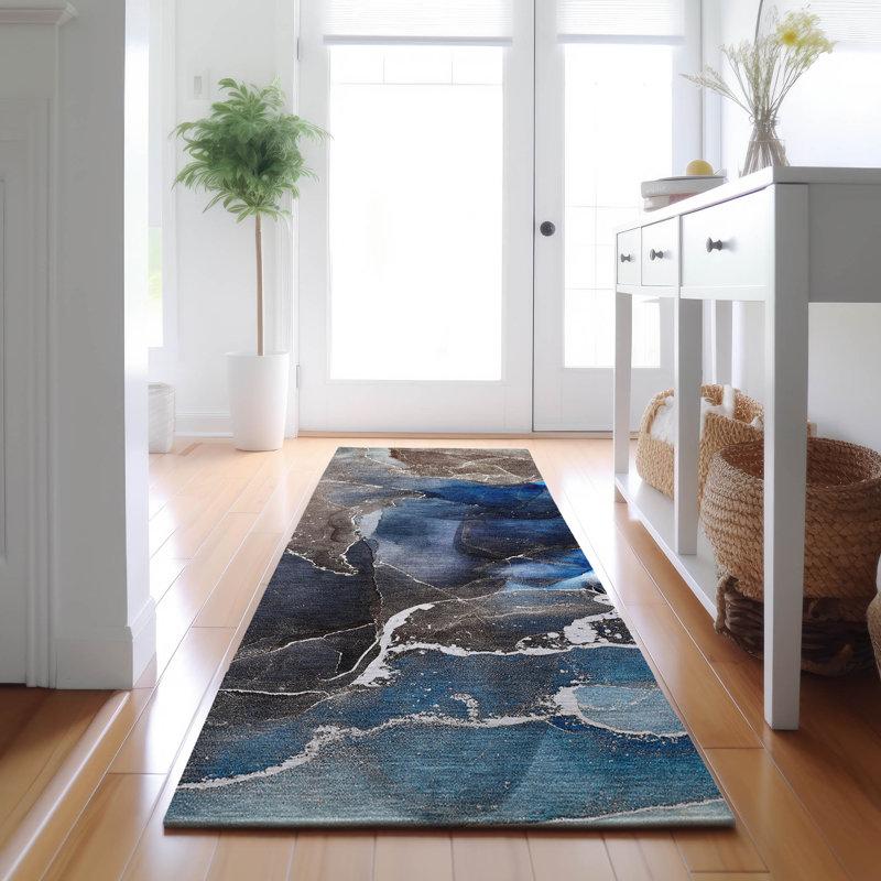 Premium Machine Washable Cerrito AMF503 Navy Rug, Runner 2'3" x 7'6"