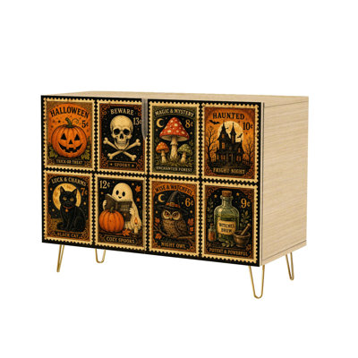 Sideboard Buffet Cabinet with 2 Doors Halloween Themed Postage Collection Spooky Illustrations Vintage Modern Accent Console Table Standing Wooden Storage Cupboard Credenza for Kitchen Dining Room Living Room Entryway Coffee Bar Station