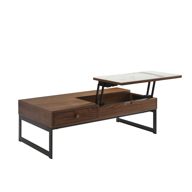 Faye Transitional Rectangular Lift-Up Coffee Table In Walnut Finish With Sintered Stone Panel, Black