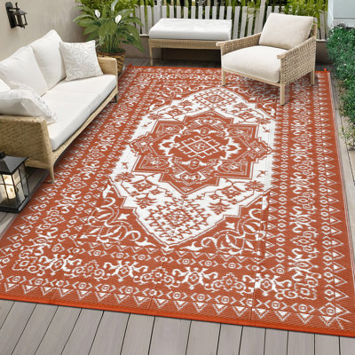 Tapis d'extérieur imperméable réversible 8 x 10 pi - Grand tapis médaillon Boho en plastique pour terrasse, terrasse, balcon, porche, camping, véhicule récréatif, plage, pique-nique - terre cuite orange / blanc, États-Unis