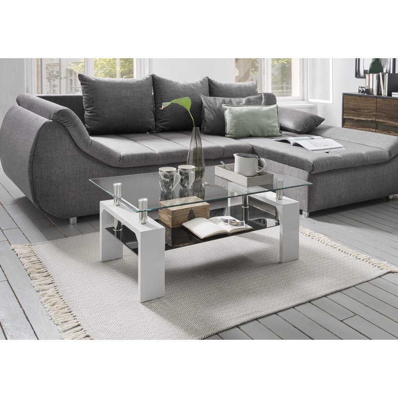 Sharlyn Four Leg Coffee Table, White, Black glass