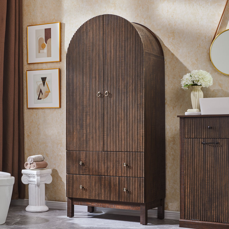 Armoire de rangement 71 po pour salle de bain moderne, arquée, avec 4 tablettes et 2 tiroirs, Brun