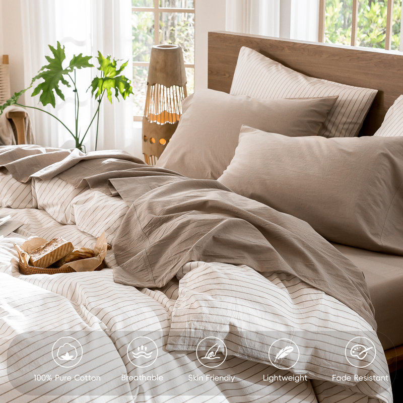 100% Washed Cotton Sheet Set Extra Deep Pocket Linen Like Textured, King Sheet Set with 2 Pillowcases, Taupe