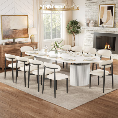 Ensemble de table et de chaises de salle à manger extensibles pour 10 personnes, table ovale en bois veiné (43,3 à 94,49 pouces), 10 chaises rembourrées en tissu, style ferme moderne