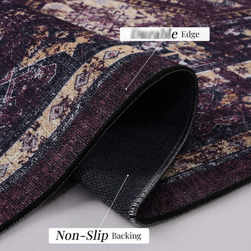 6x9 Washable Area Rug, Low-pile Non-slip For Living, Bedroom, Kitchen, Dining Room. Non-shedding, Foldable, & Pet , Stain (black+burgundy Rug Machine Washable, Non-slip. Enhances Interior. Living