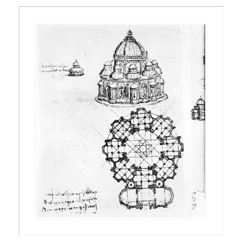 Détail d'une église centralisée par Léonard de Vinci - Estampe numérique encadrée, H 37,32 po x l 33,5 po