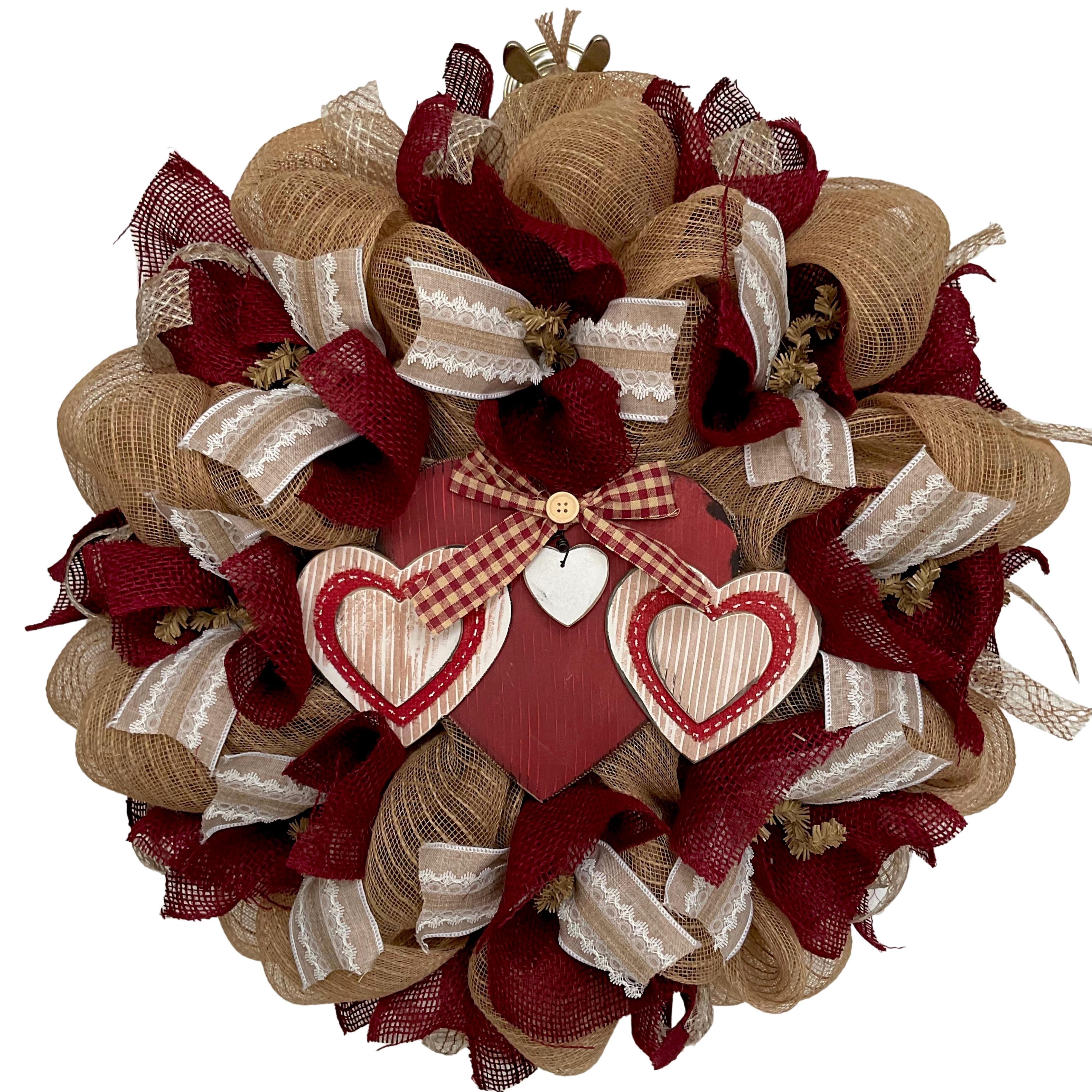 The Holiday Aisle® Valentines Day Wreath Country Rustic Wooden Hearts | Wayfair