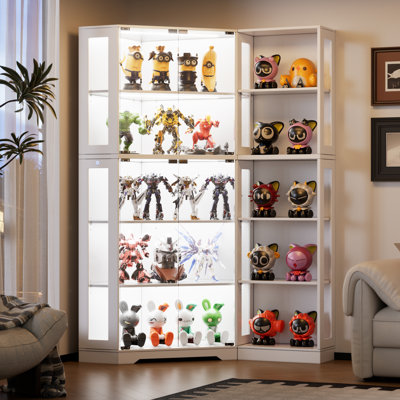 Vitrine d'angle avec portes vitrées, vitrine en verre avec lumières à DEL pour objets de collection, tablettes de rangement pour le salon, blanc