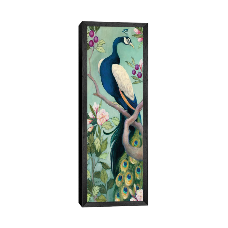 Pretty Peacock I Crop by Julia Purinton - Panoramic Painting on Canvas, 91.44cm H x 30.48cm W x 3.81cm D, Black Framed