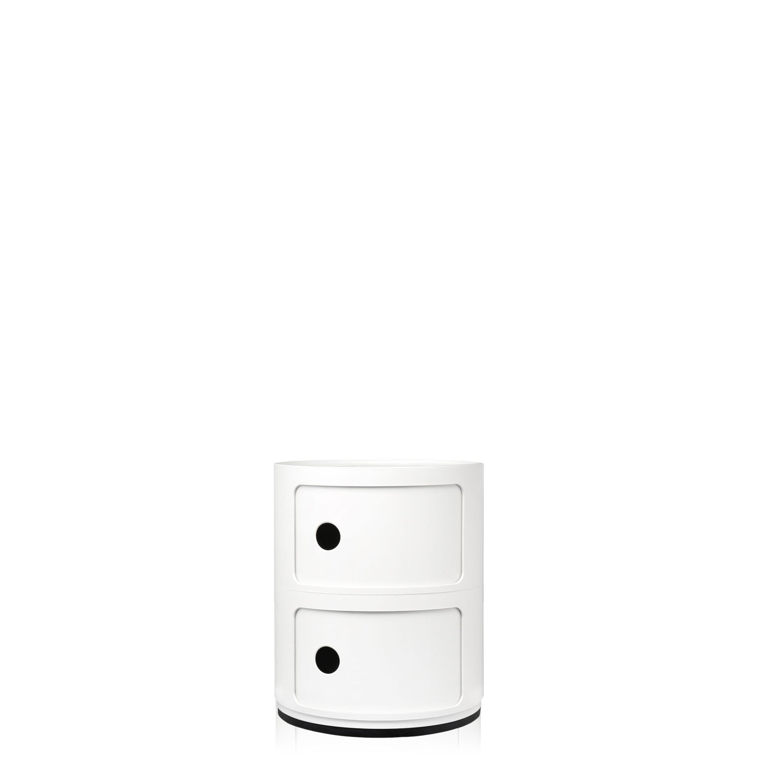 White cylindrical two-drawer storage unit with black circular finger pulls.