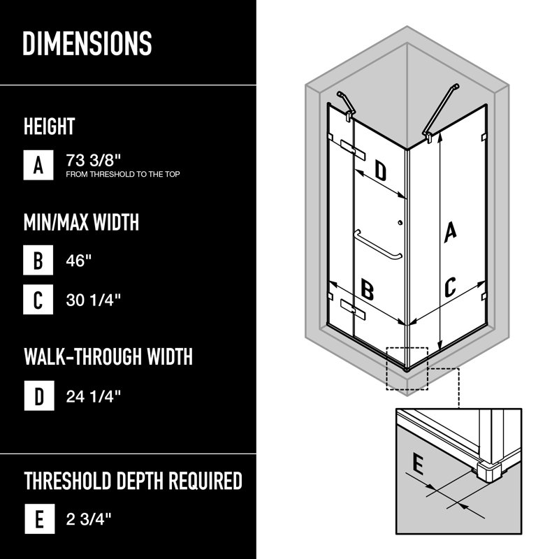 Monteray 48" W x 32" D x 79" H Hinged Frameless Shower Enclosure with 3/8  Clear Glass & Base, Chrome, Left