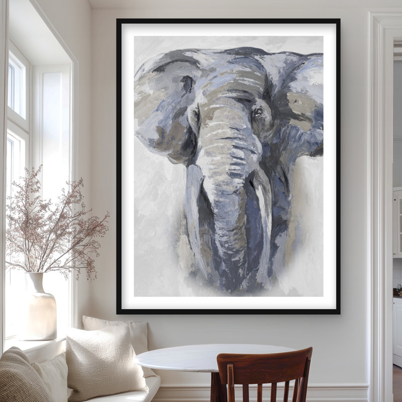 «Pastel Blue Elephant - Beige Wildlife», reproduction matte encadrée, H 48 po x l 36 po, Noir