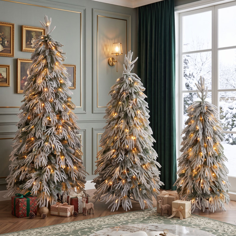 3-Piece Snowy Cascading Artificial Christmas Tree Set with Flocked Weeping Branches and Warm White Lights