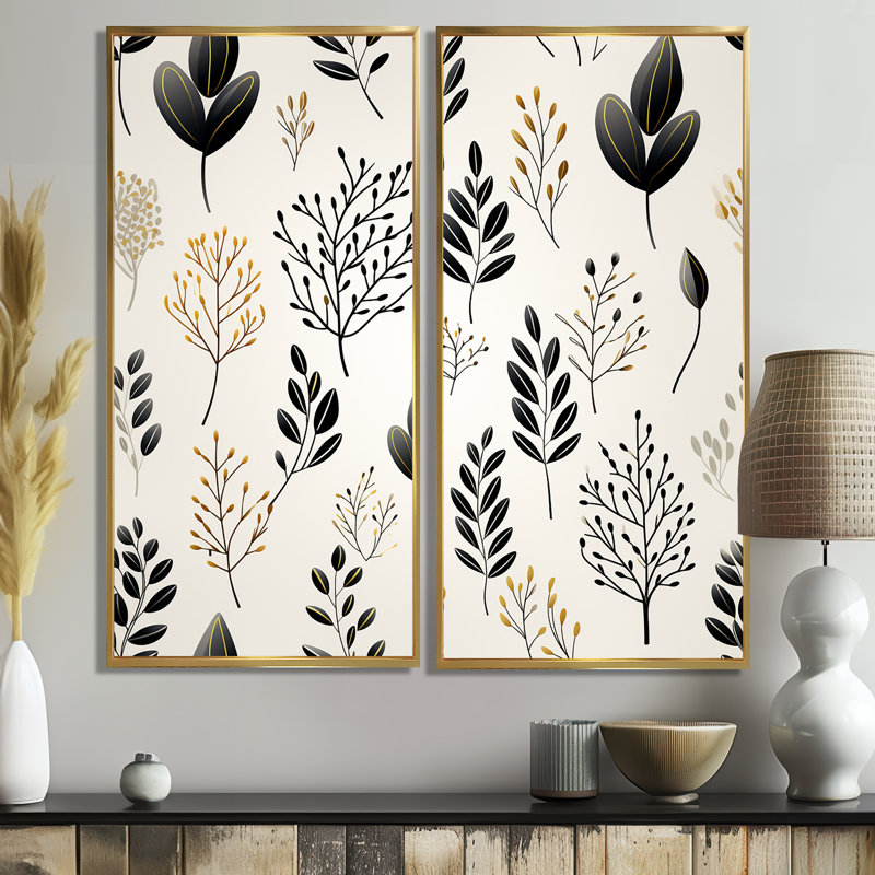 Chic Noir Floral Fusion  - Black Wall Decor 2-Pieces, 20" H x 24" W, Floater Framed Print, Gold