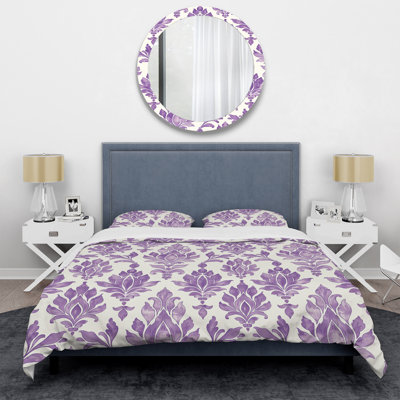 Lavender White Damask Bliss III - Transitional Duvet Cover Set