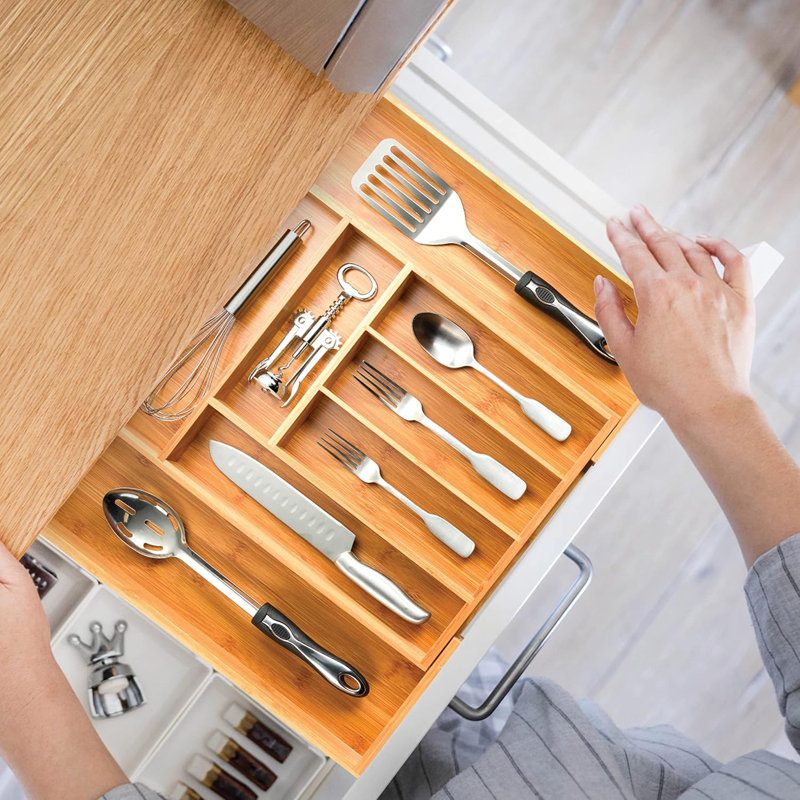 Expandable Bamboo Kitchen Drawer Organizer with Adjustable Compartments