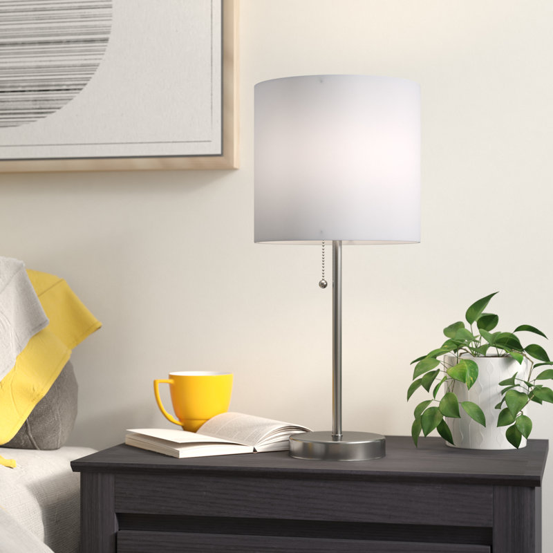 Sarriah Modern Stick Accent Table Lamp with Pull Chain and White Fabric Shade, Brushed Steel, 19"
