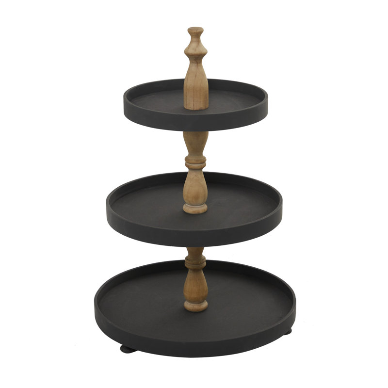 Wood 3 Level Tiered Server with Wood Post, Black