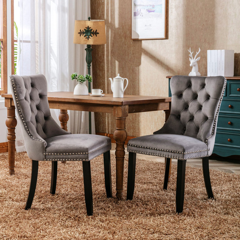 Fioretto 20'' H Tufted Upholstered Dining Chair, Black Wood, Gray