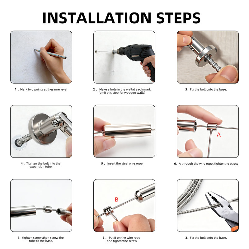 Ensemble de tringle à rideaux murale de 3 mètres, tringle à rideaux, corde de suspension robuste, câble en acier inoxydable