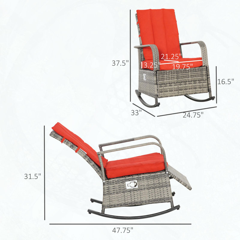 Outdoor Rocking Rattan Recliner with Red Cushions, Red, Brown