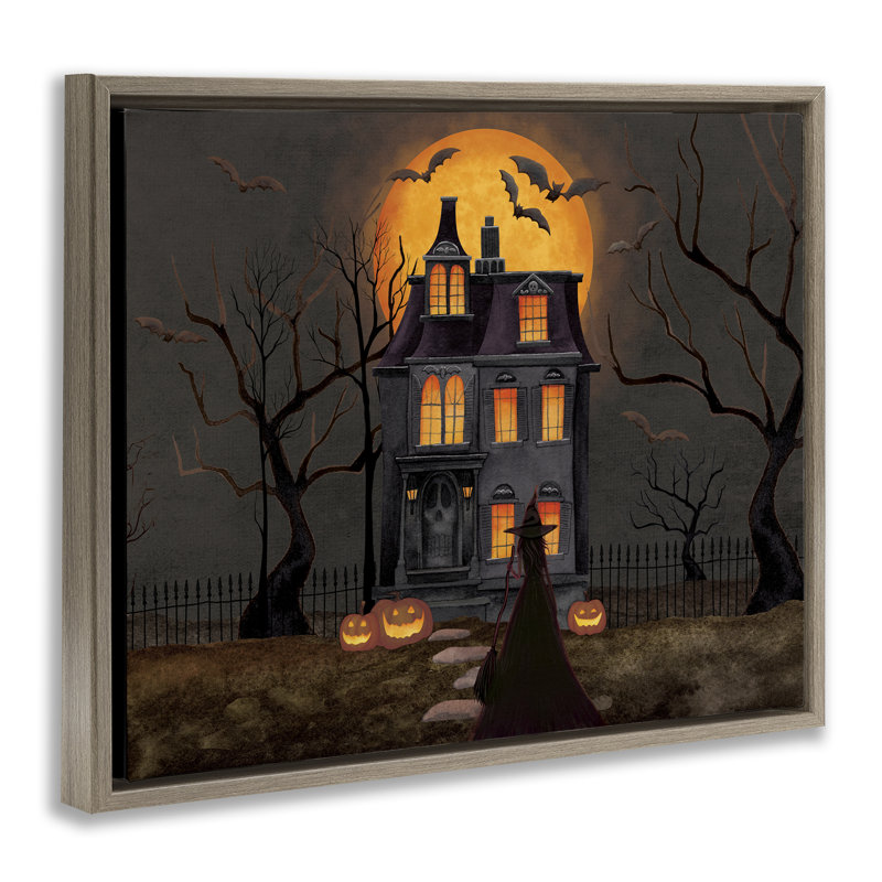 Cadre flottant Bats Over Haunted Mansion, design par Nicole Tamarin, H 17 po x l 21 po, Cadre flottant orme Montalcino