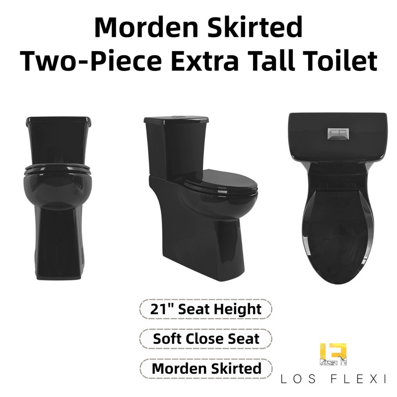 21 Inch Glossy Black Two-Piece Extra Tall Skirted Toilet, Los Flexi High Toilet for Seniors, Elongated Bowl, Water-Saving 1.1/1.28 GPF Dual Flush, Soft-Close Seat, 12" Rough-In