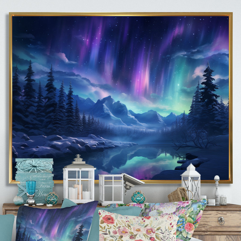 Northern Lights I - aurore boréale, art mural pour le salon, H 12 po x l 20 po x P 1 po, Cadre flottant doré