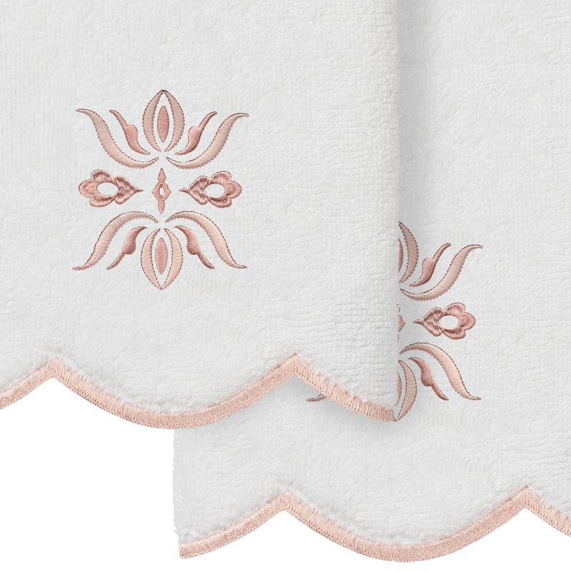 100% Turkish Cotton Flower Crest Scallop 2Pc Embellished Fingertip Towel Set, Fingertip Towels - 2 Pack, White/Pink