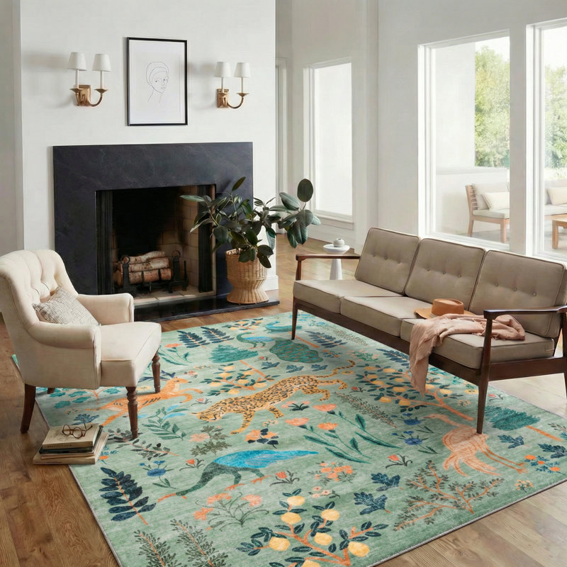 Tapis lavable à la machine Jungle, Vert, Rectangle 6 pi x 9 pi