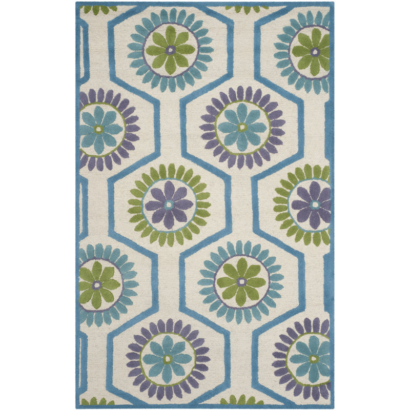 Tapis ivoire / bleu en laine touffeté à la main Ilion, Rectangle 6 pi x 9 pi
