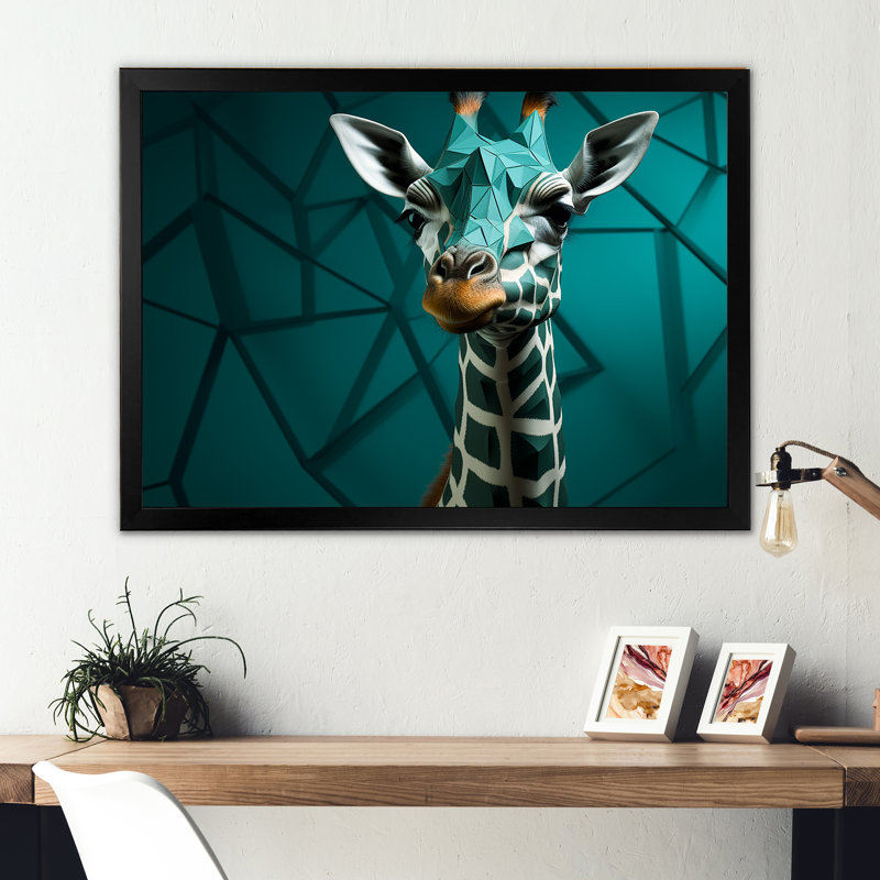 Girafe verte cubiste Grace II, Cadre simple noir, H 34 po x l 44 po x P 1,5 po
