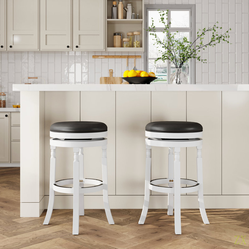 Tabouret 30 ", siège en cuir, Siège noir / cadre blanc