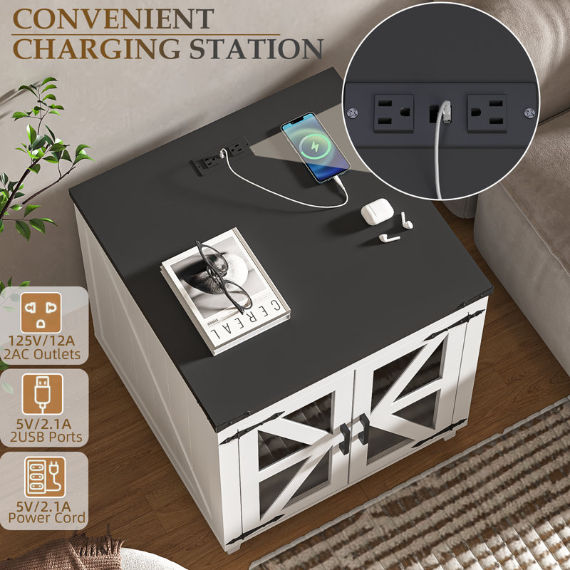 End Table With Charging Station, Black Top/ White Base
