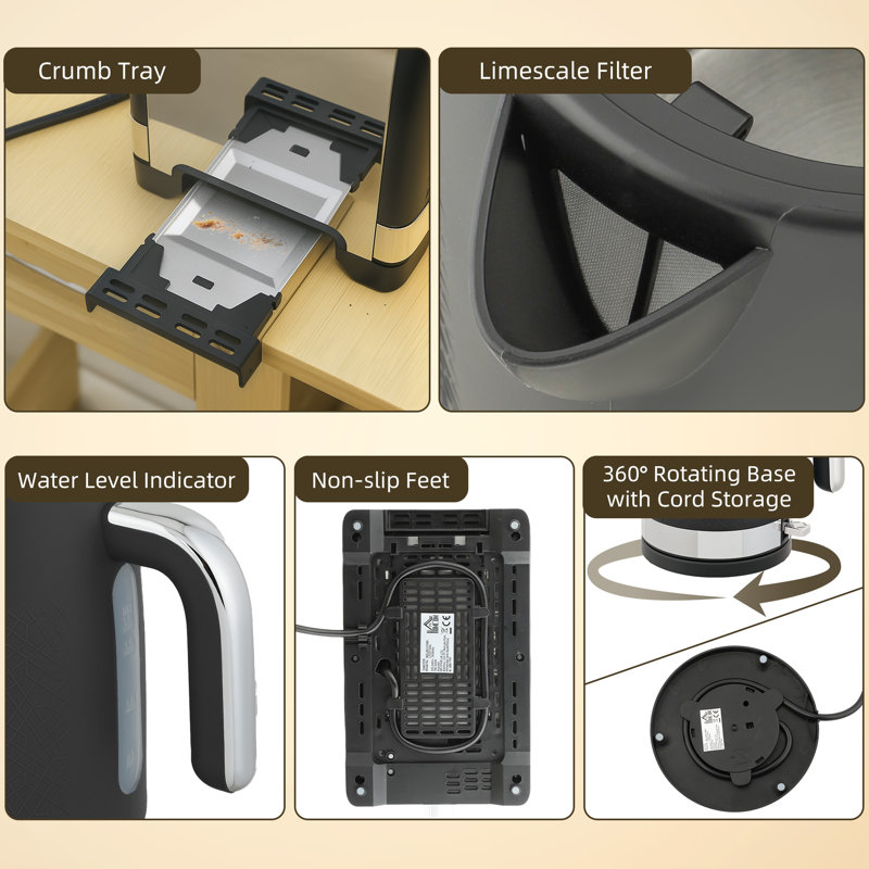 Kettle and Toaster Set, Black/Silver