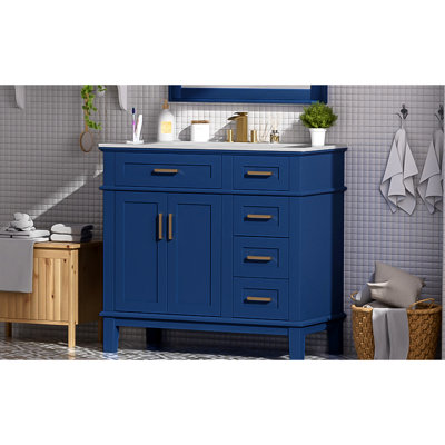 36 36" Blue Modern Bathroom Cabinet With Ceramic Sink, Adjustable Soft - Close Function, Four Drawers For Various Items, Solid Wood Frame And Panels