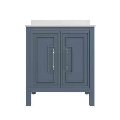 Meuble-lavabo autoportant simple 30 po OVE Catali en chambray, plateau en pierre reconstituée blanche, quincaillerie en nickel brossé