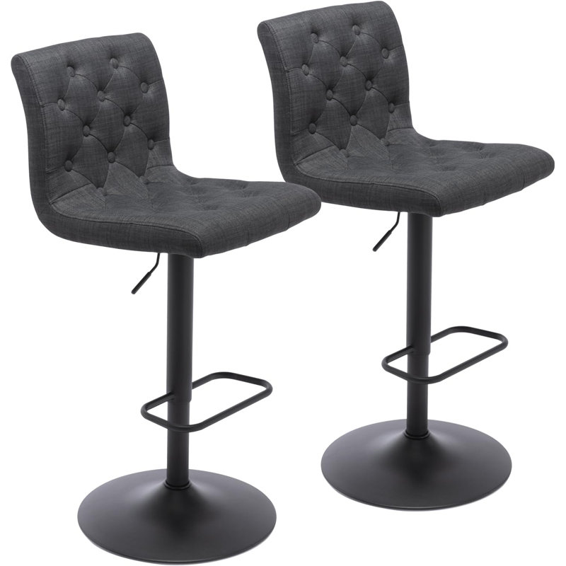 Tufted Fabric Bar Stools Set of 2, Adjustable Swivel Counter Height Barstools with Back, Upholstered Armless Airlift Bar Chairs for Kitchen Dining Cafe