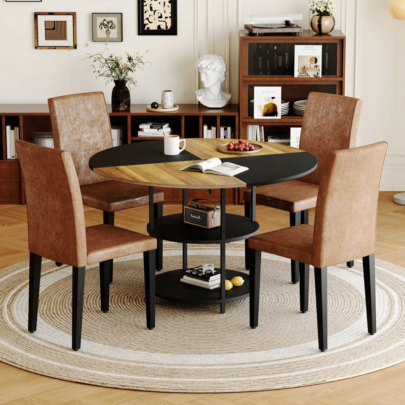 Ensemble de table et de chaises.Une table de salle à manger circulaire de couleur moderne épissée de 47,3 pouces de diamètre - rangement double couche.Avec 4 chaises de salle à manger, simples et polyvalentes, confortables.